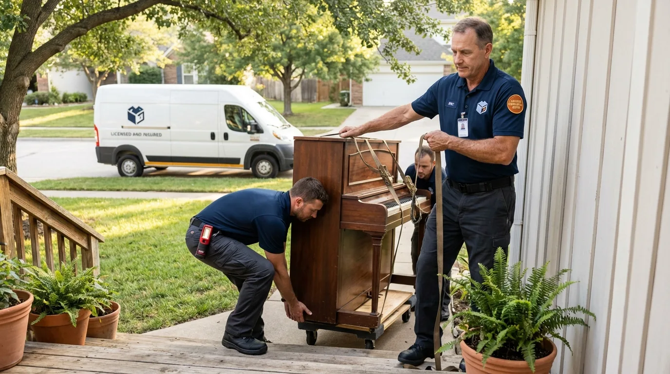 Licensed piano movers securing grand piano in North Bend, NE