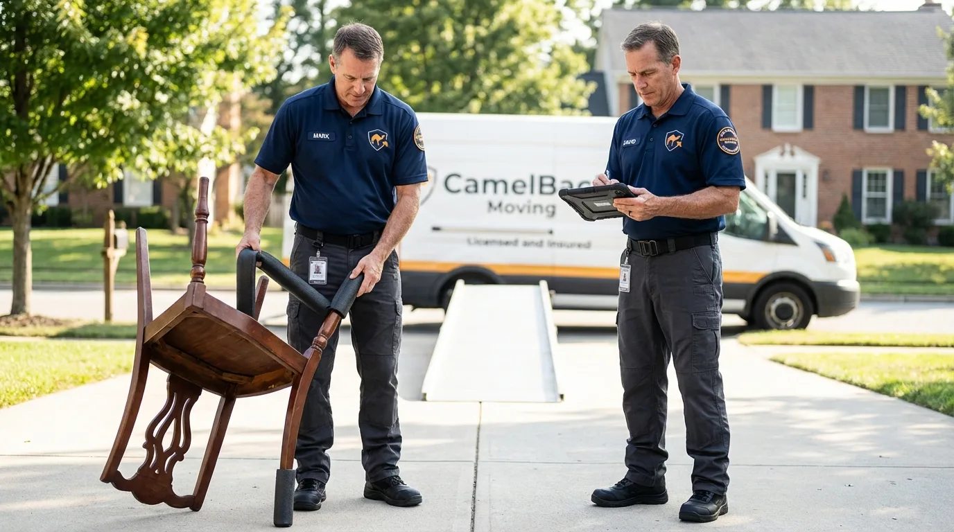 Movers inspecting furniture for damage prevention before loading in North Bend, NE