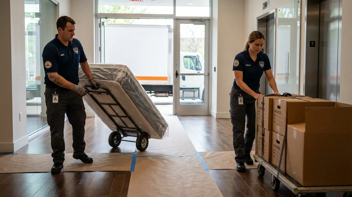 Professional apartment movers loading elevator in North Bend, NE