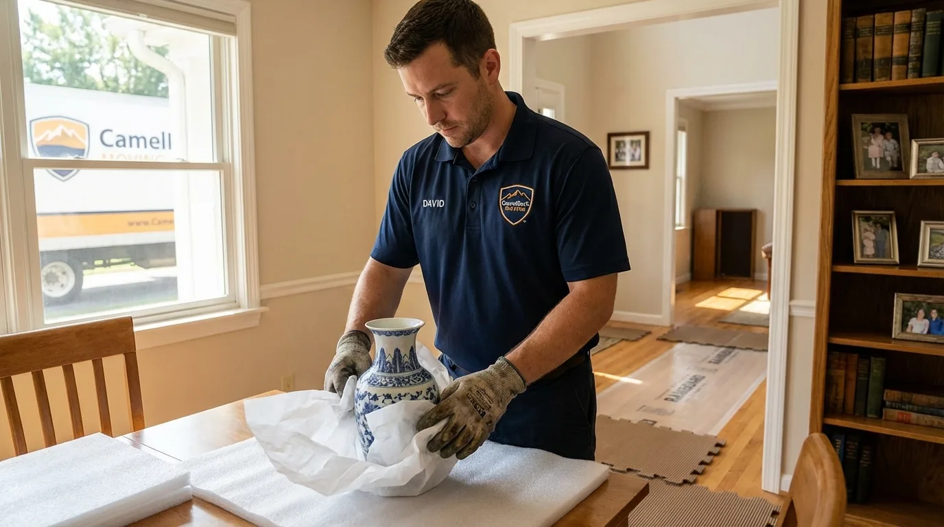 Professional crew carefully wrapping antique vase for senior downsizing move in North Bend, NE